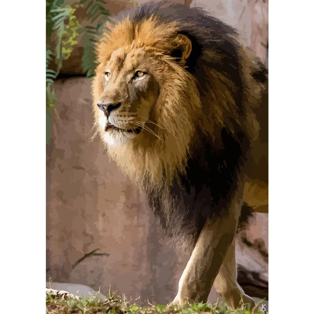 lion strolling around abstract figurative painting print