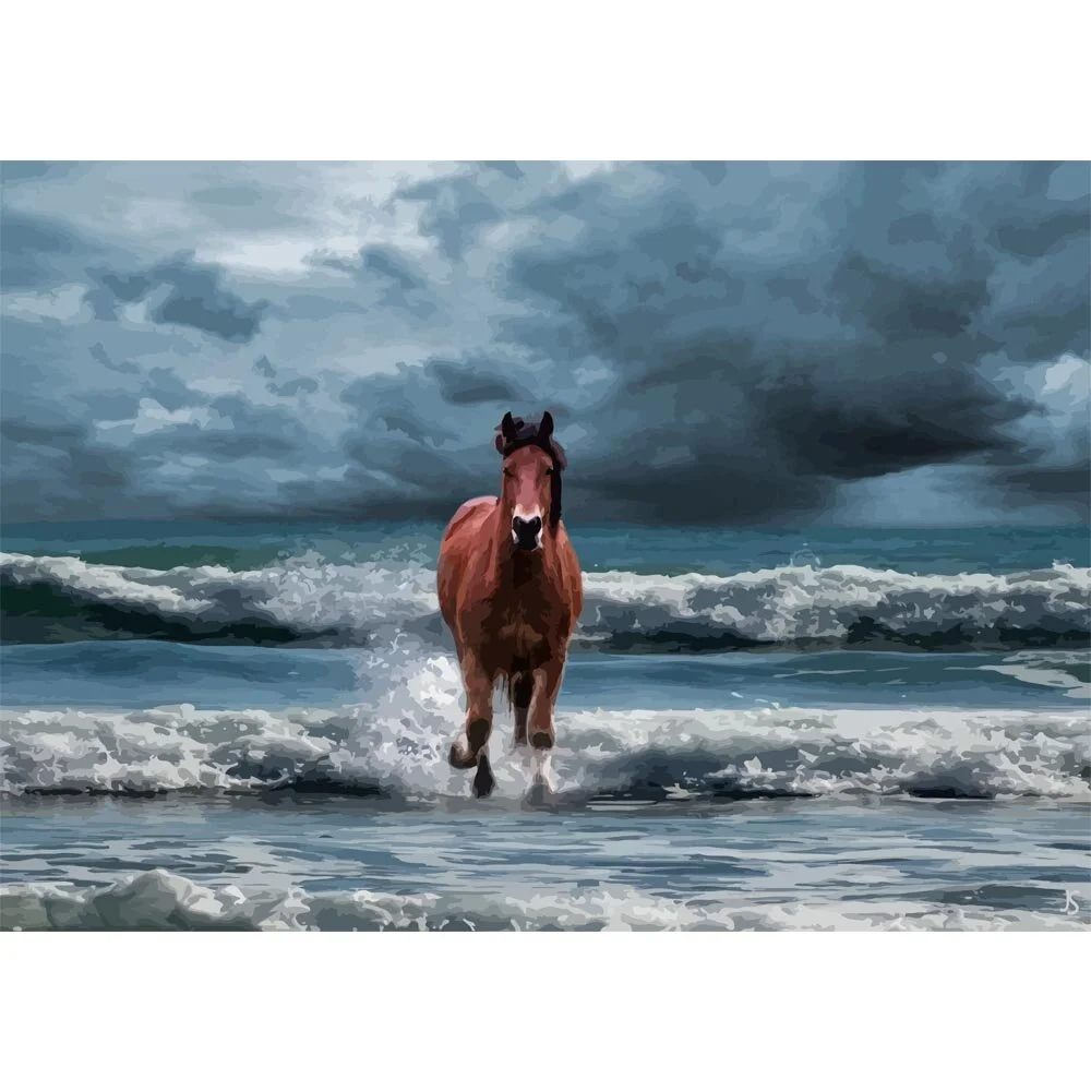 blood bay horse galloping in coastal water storm clouds abstract figurative painting print