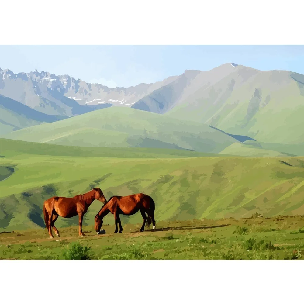 pair of bay horses in scottish highlands abstract figurative painting print