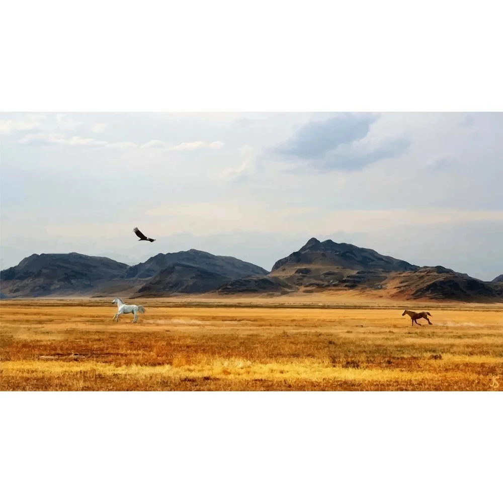 horses galloping through prairie mountains abstract figurative painting print