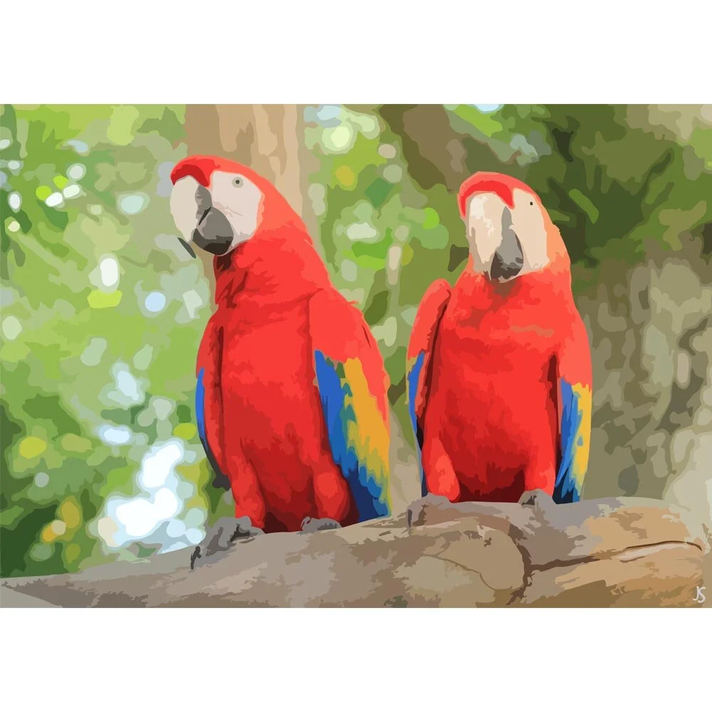 two macaws on a tree branch abstract figurative painting print