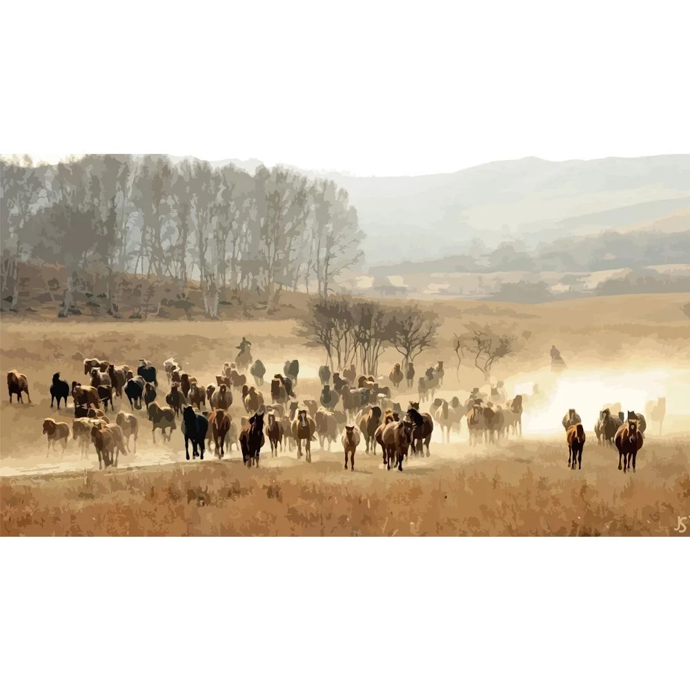 herd of horses galloping over a plain abstract figurative painting print