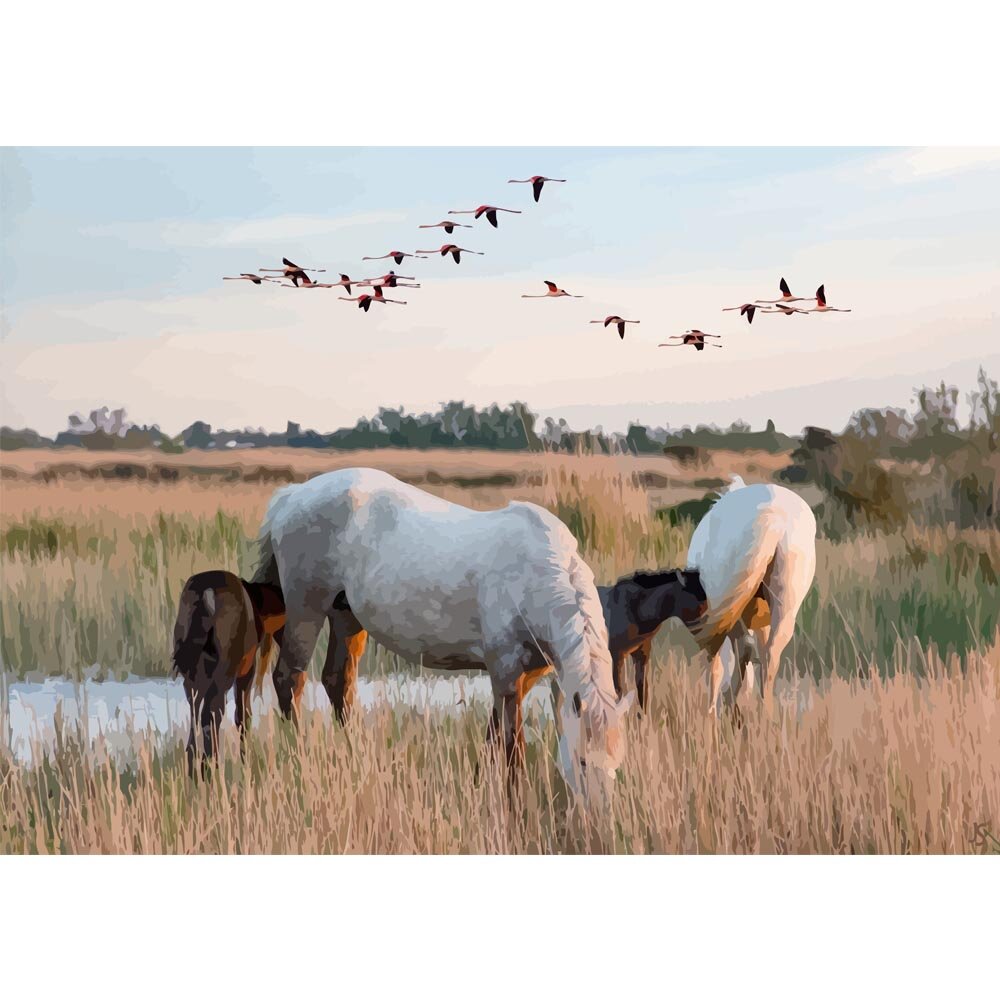 two white horses with foals grazing camargue abstract figurative painting print