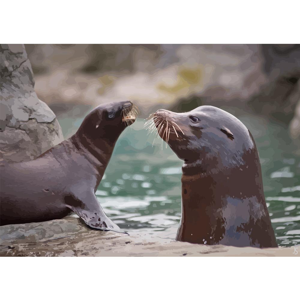 seal mother with pup abstract figurative painting print