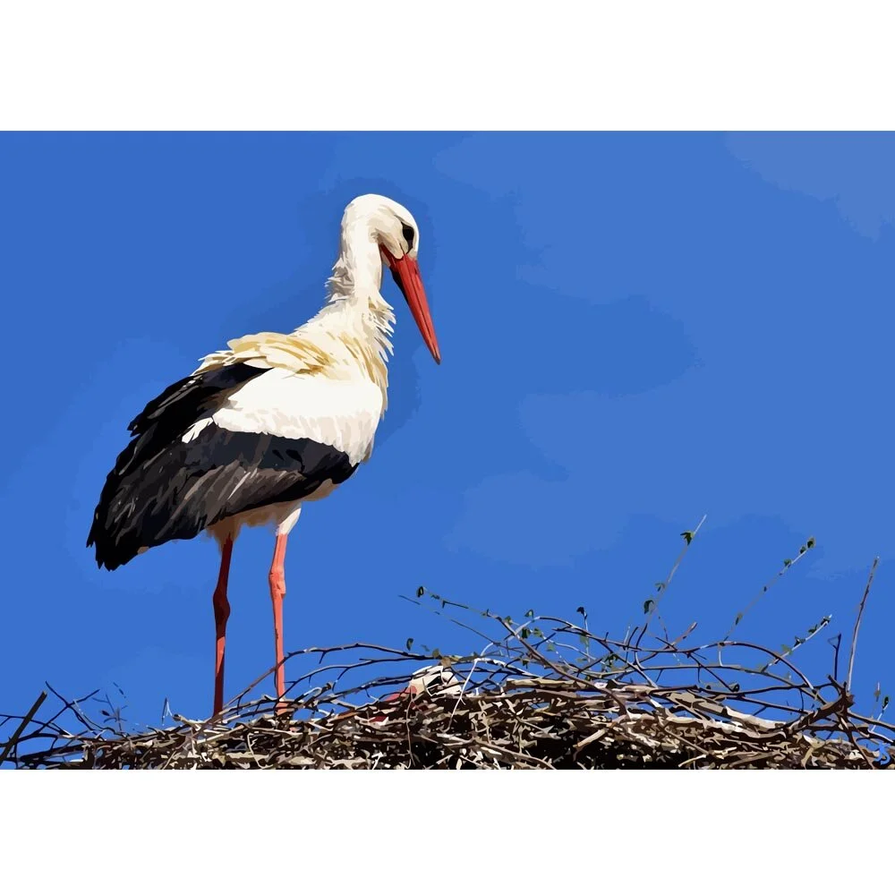 stork standing on a nest deep blue sky abstract figurative painting print