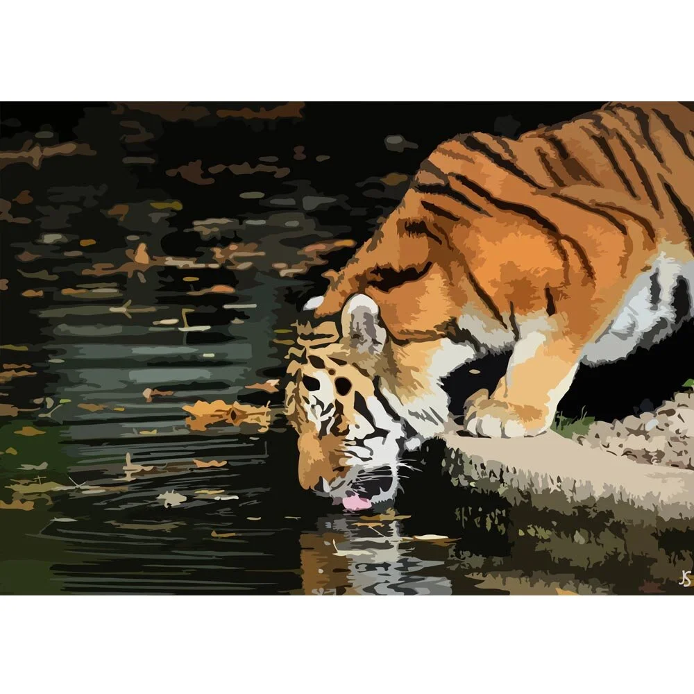 siberian tiger drinking at a pond abstract figurative painting print