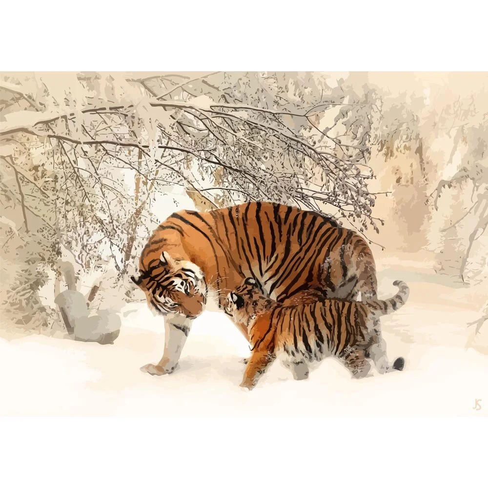 siberian tiger playing with cub in snow abstract figurative painting print