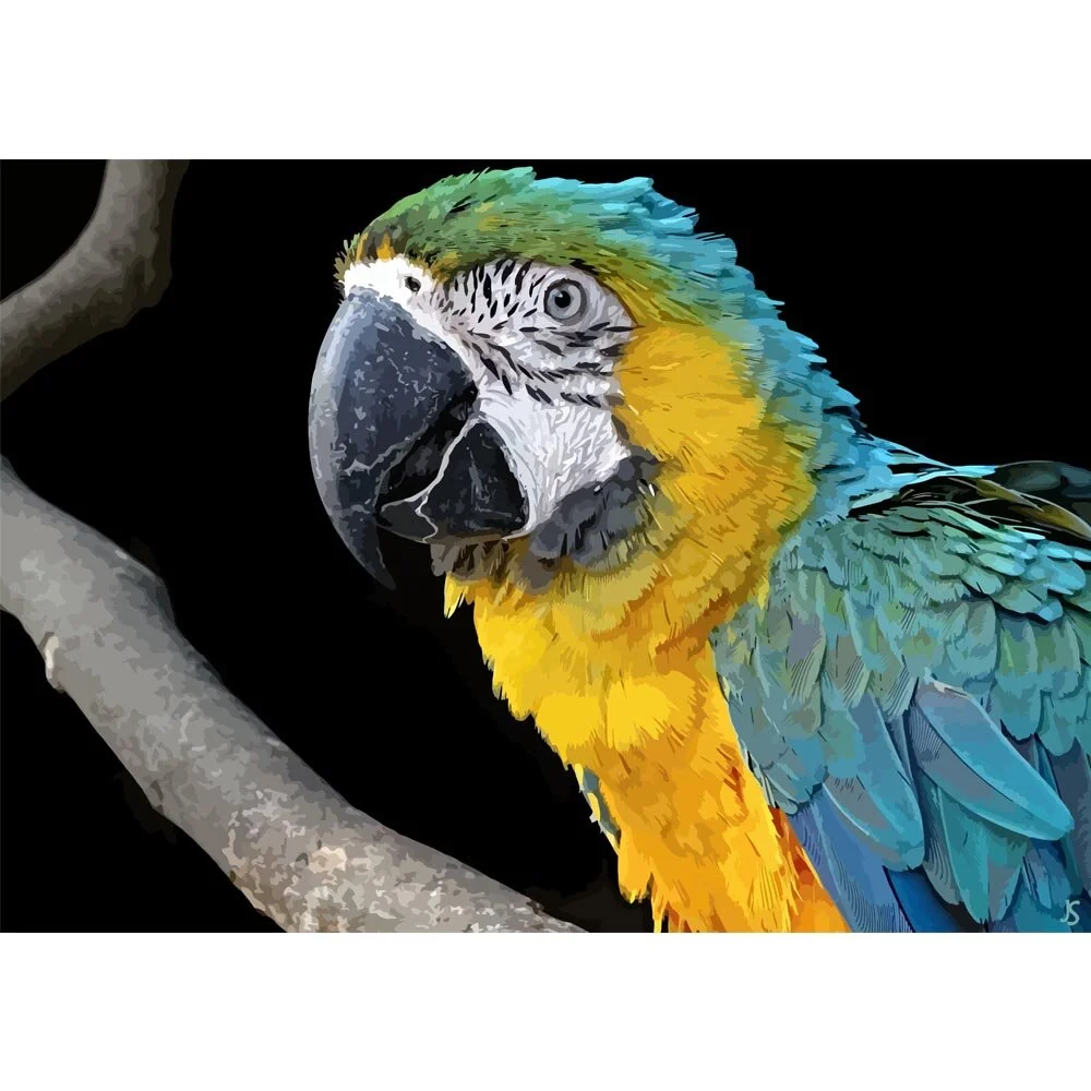 blue and yellow macaw sitting on a branch abstract figurative painting print