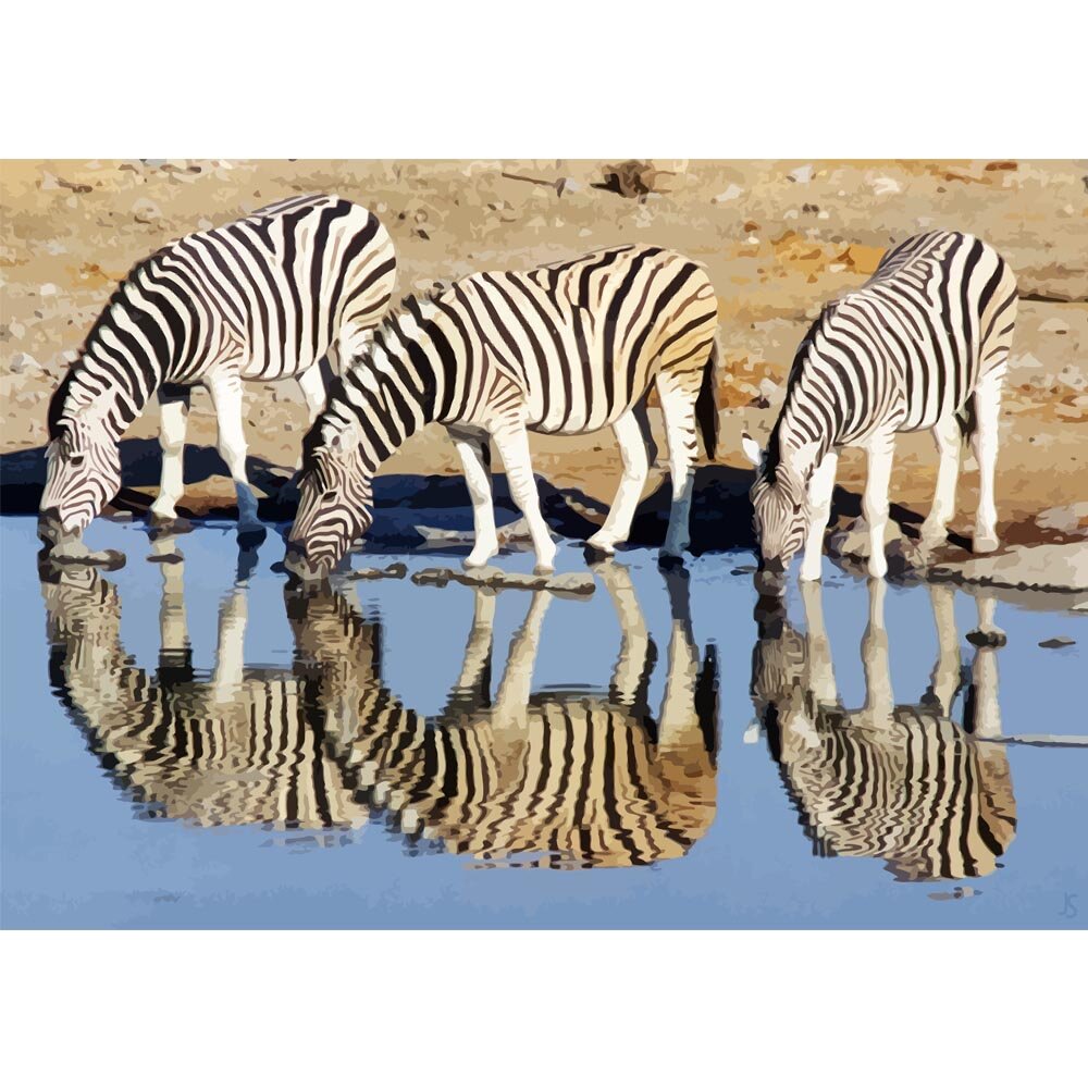 three zebras drinking at a waterhole abstract figurative painting print