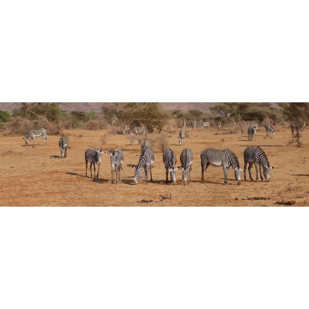 herd of zebras foraging on the steppe abstract figurative painting print