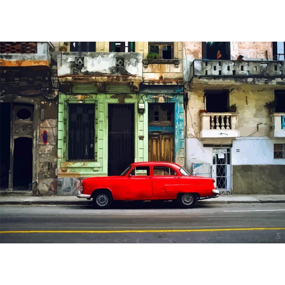 street view with red car havana cuba abstract figurative painting print