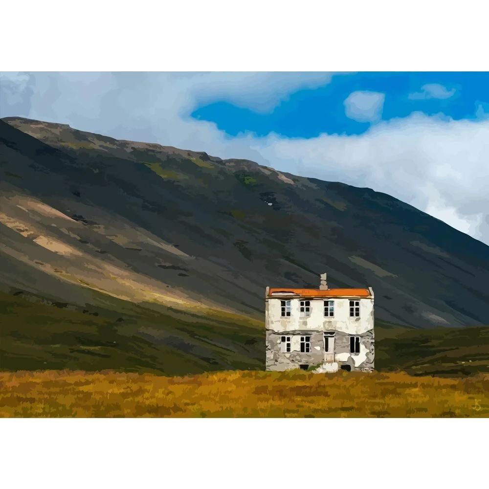 remote cottage in a valley iceland abstract figurative painting print