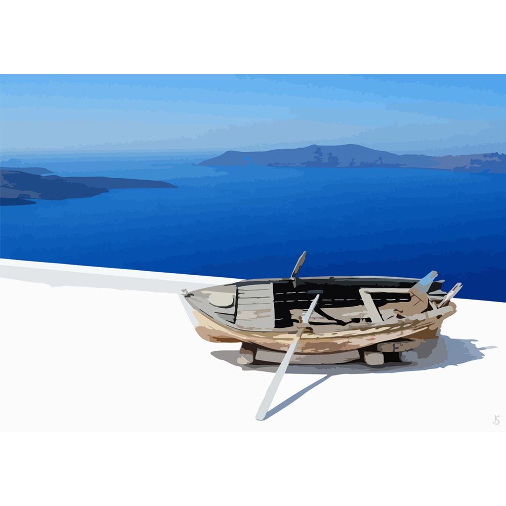coastal view rowing boat santorini greece abstract figurative painting print