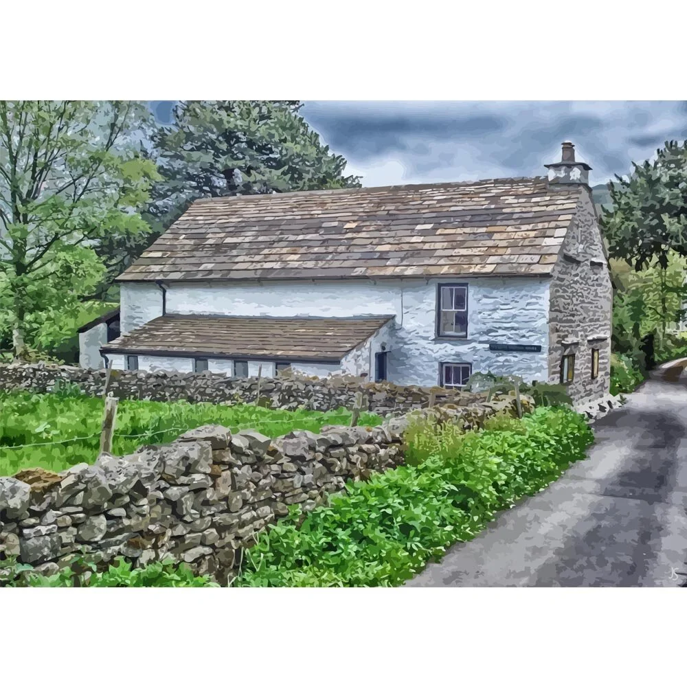 old stone cottage with wall england abstract figurative painting print