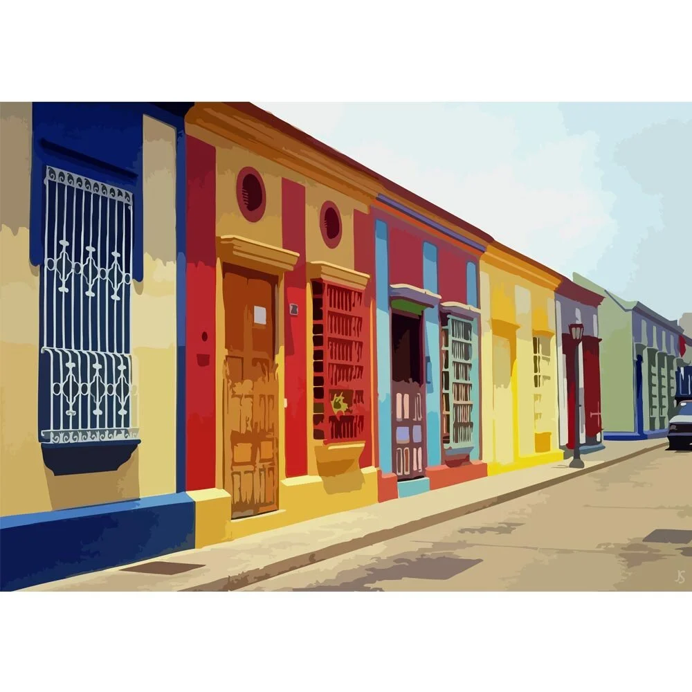 row of colorful house fronts maracaibo venezuela abstract figurative painting print