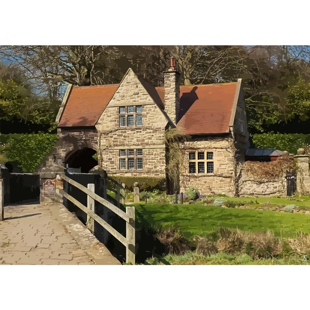 historical stone cottage with bridge england abstract figurative painting print