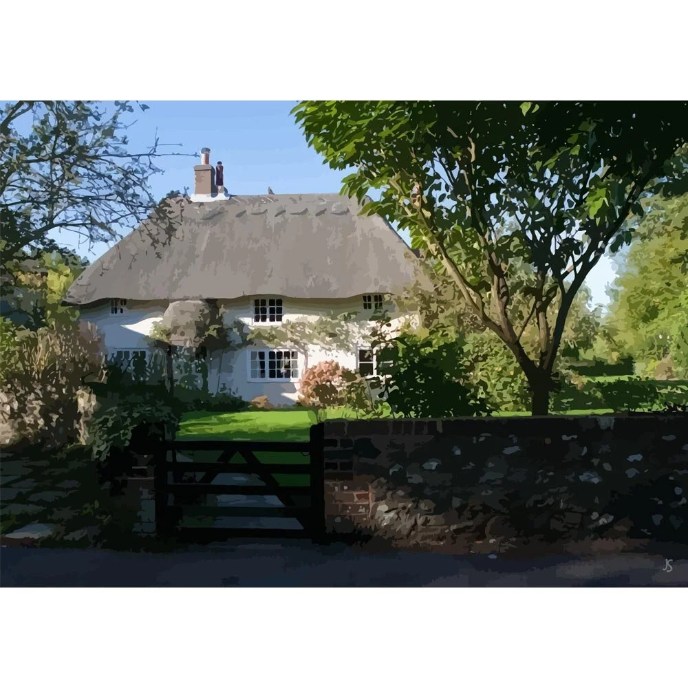 historical stone cottage with reed roof england abstract figurative painting print