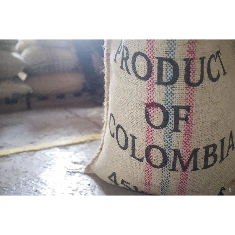 jute sack with colombian coffee beans close up abstract figurative painting print