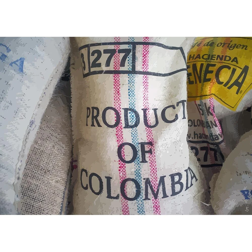 jute sack with colombian coffee beans abstract figurative painting print