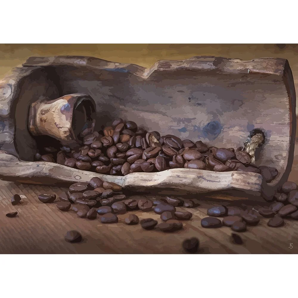 coffee beans with wooden scoop close up abstract figurative painting print