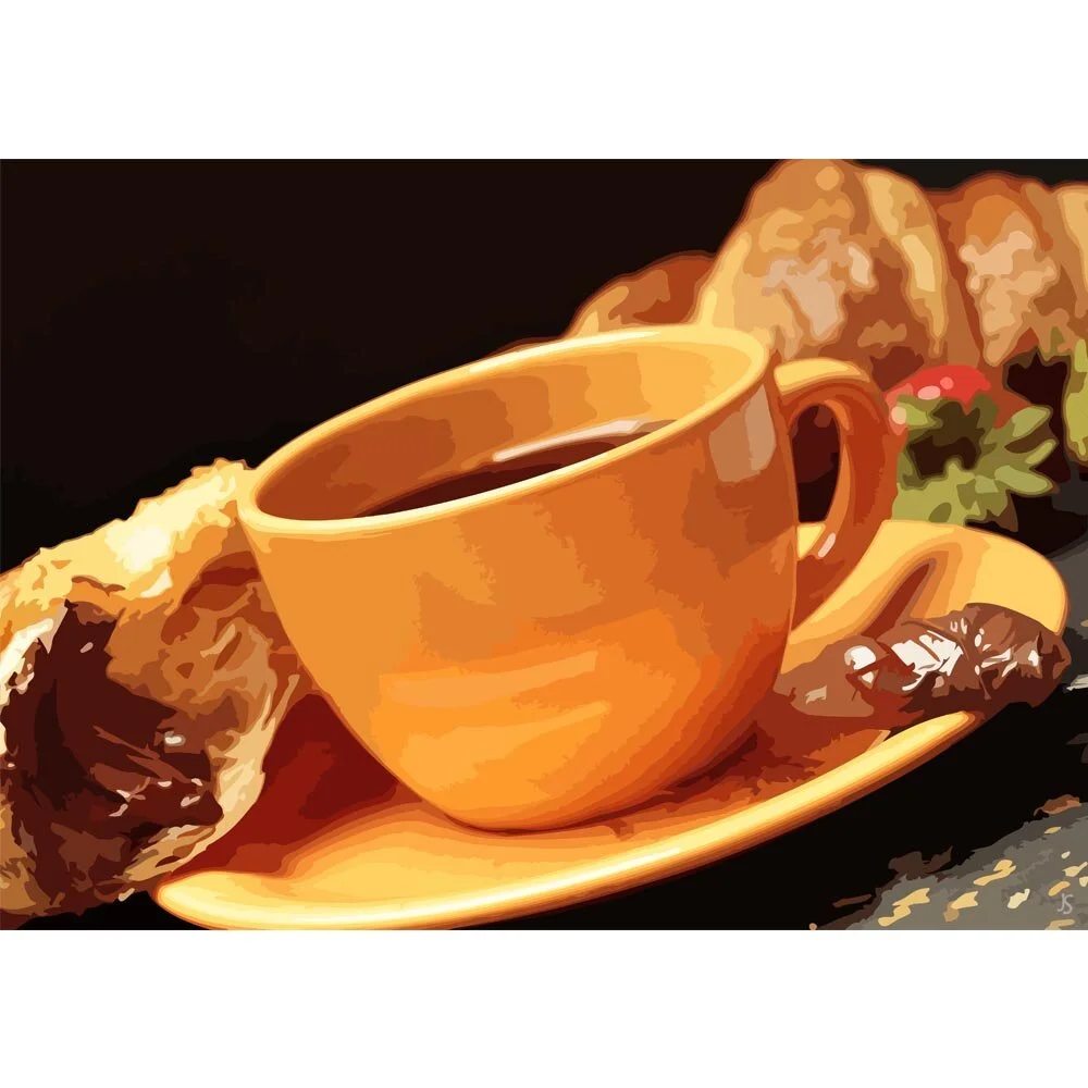 large cup of coffee with croissant abstract figurative painting print