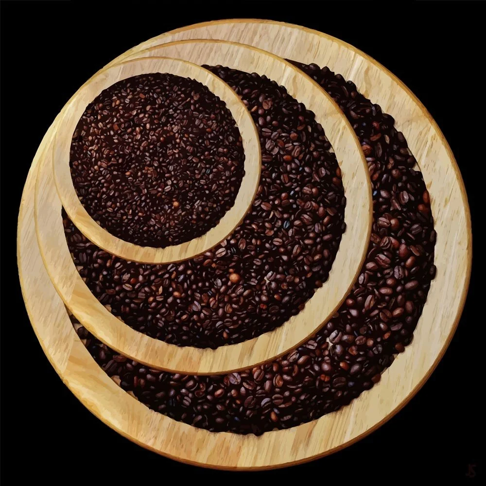 coffee beans on wooden dishes abstract figurative painting print