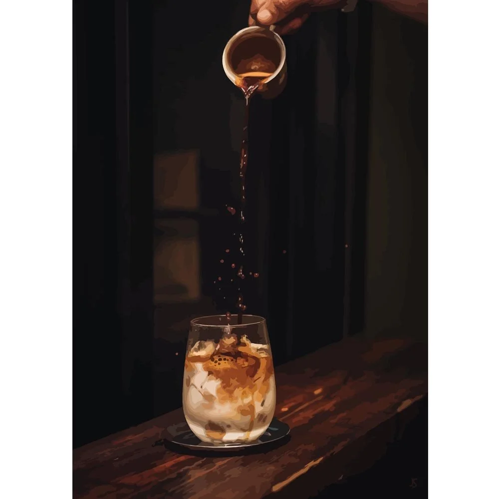 barista making a cappuccino abstract figurative painting print