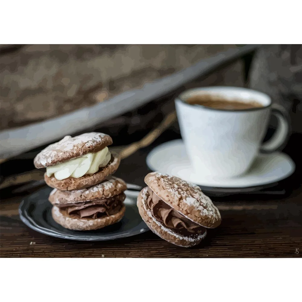 cup of coffee with whipped cream filled macarons abstract figurative painting print