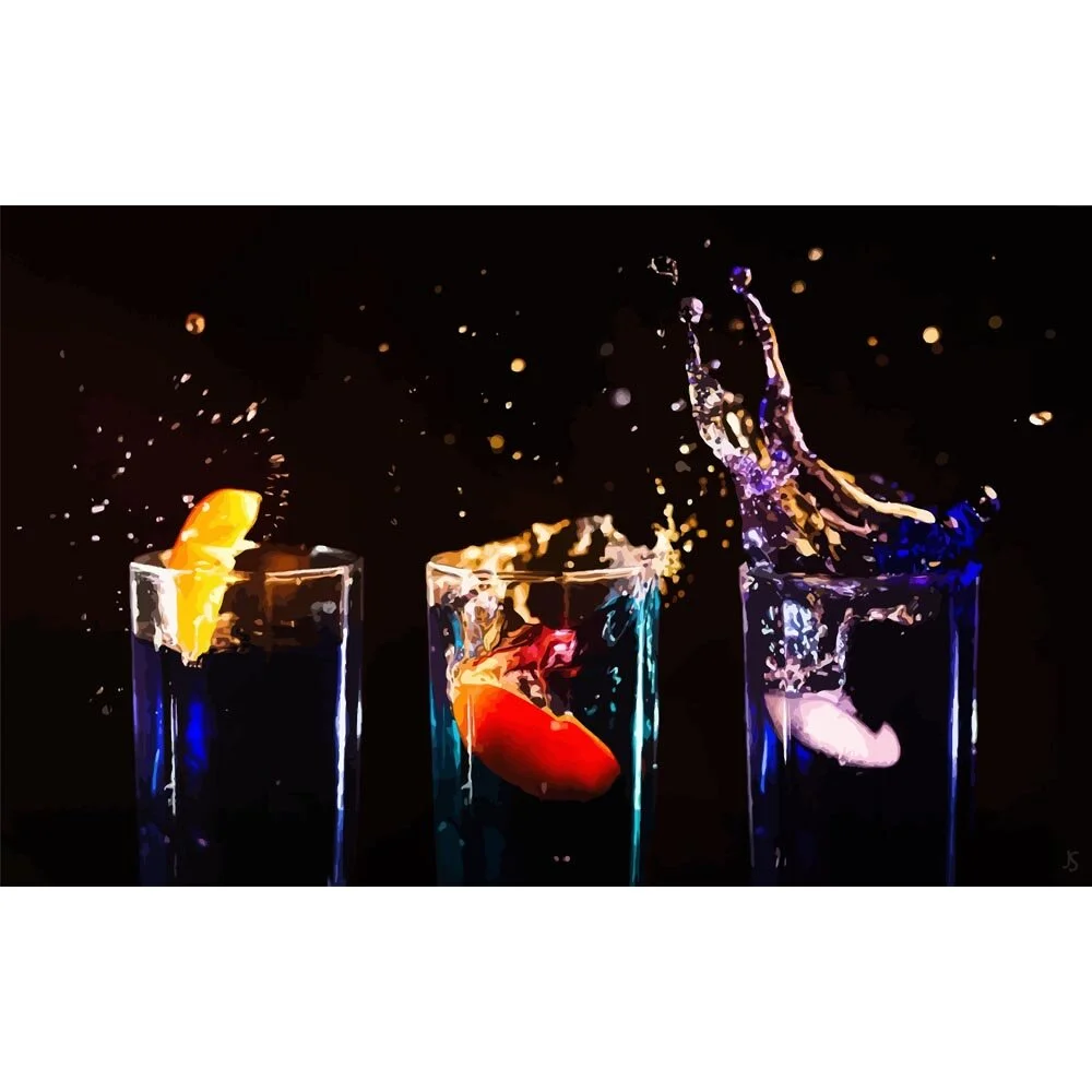 three splashing cocktail in a row abstract figurative painting print
