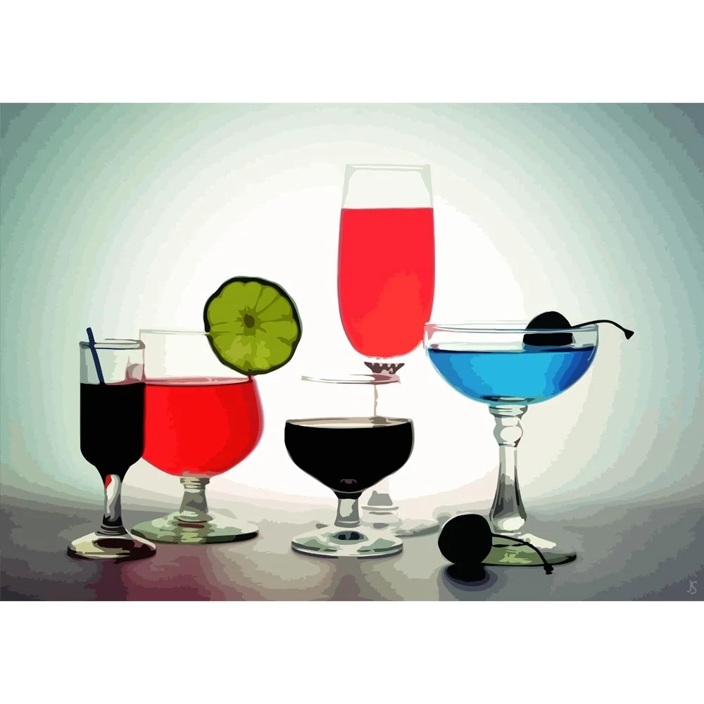 five cocktails in a row abstract figurative painting print