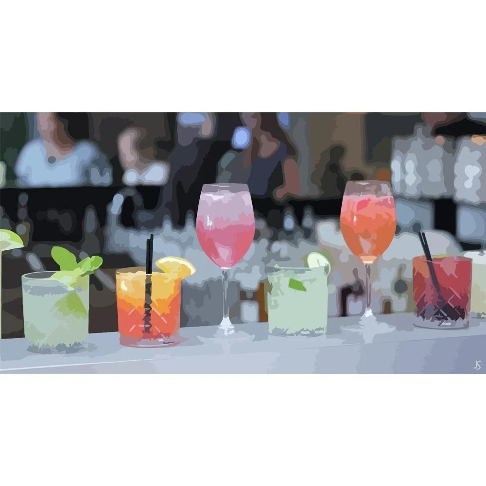 six cocktails in a row abstract figurative painting print