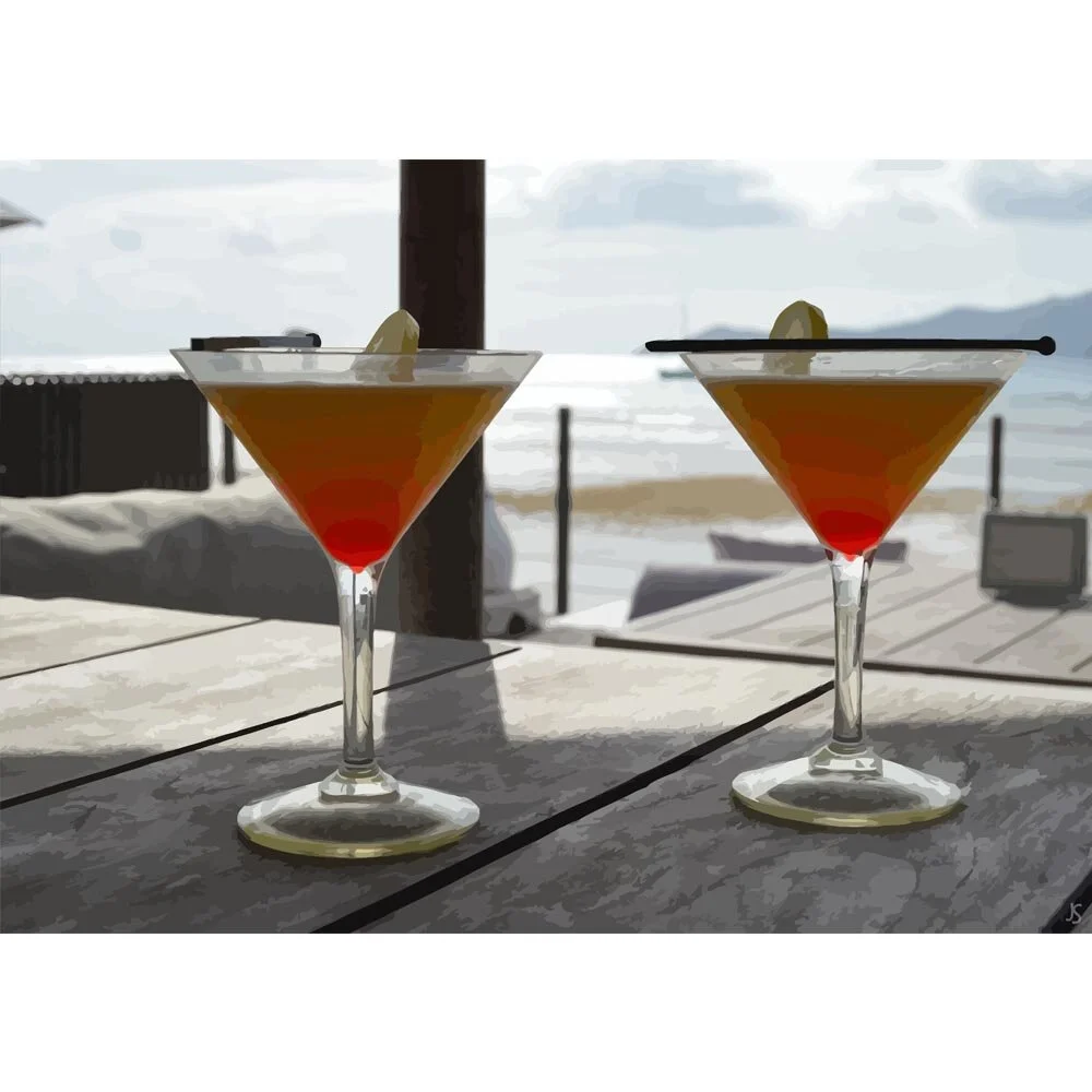 two tom collins cocktail on a wooden deck abstract figurative painting print