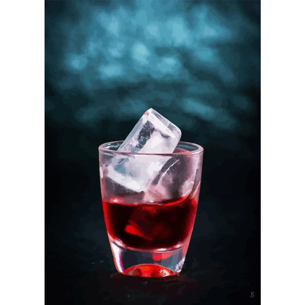 red berry liqueur on the rocks abstract figurative painting print