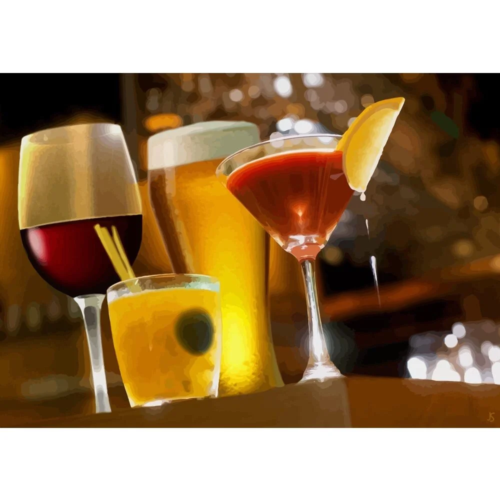 four assorted drinks on a bar top abstract figurative painting print