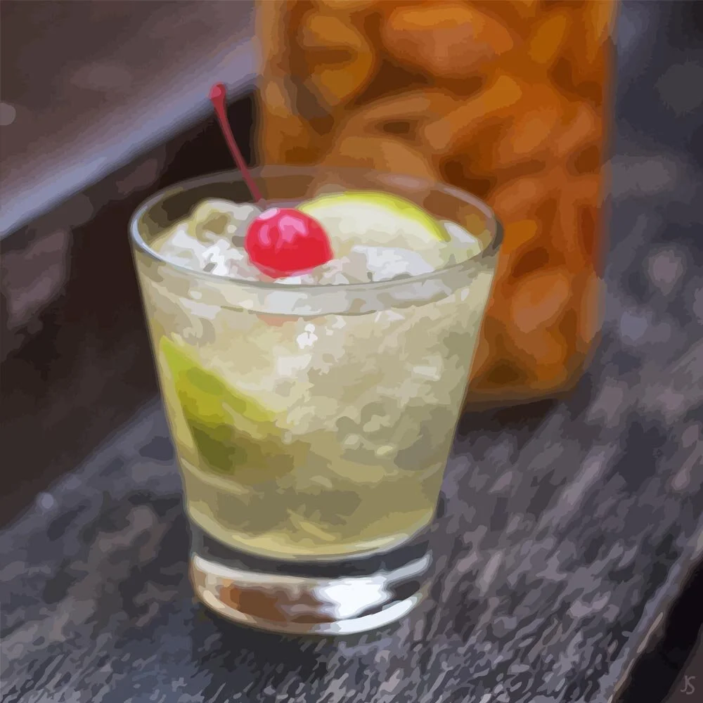 tom collins cocktail on a wooden table abstract figurative painting print