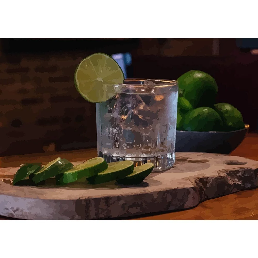 gin tonic cocktail on a wooden plate abstract figurative painting print