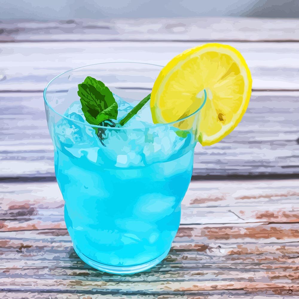 blue daiquiri cocktail on a wooden table abstract figurative painting print