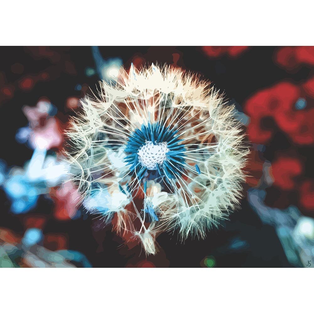 blue dandelion seeds on stem abstract figurative print