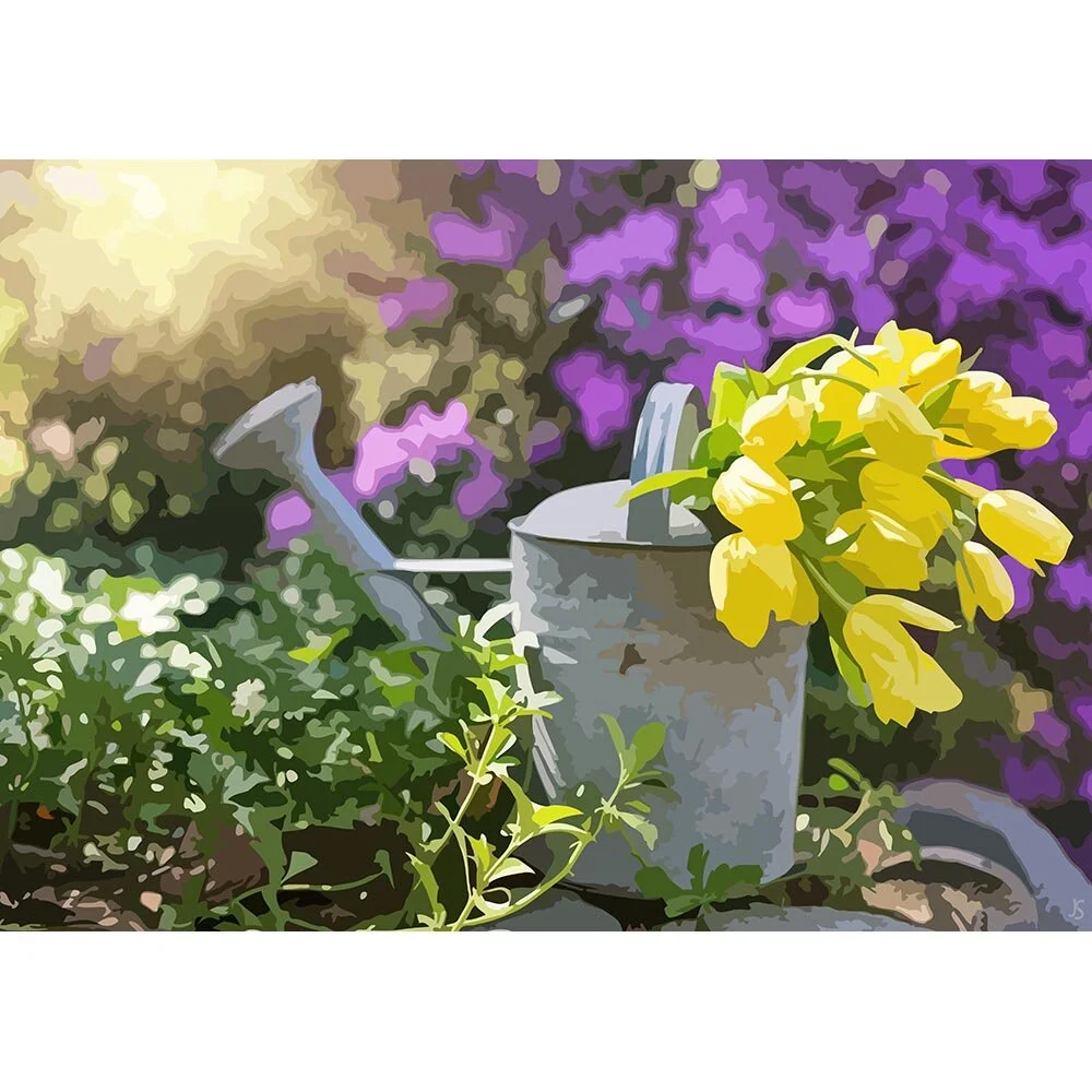 watering can with yellow tulips abstract figurative print