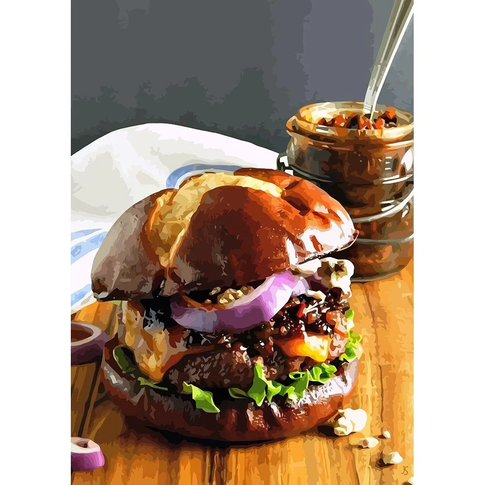 big hamburger with onion marmelade abstract figurative print
