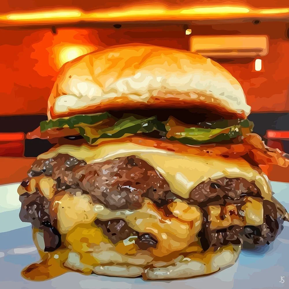 double cheeseburger with bacon and pickle abstract figurative print