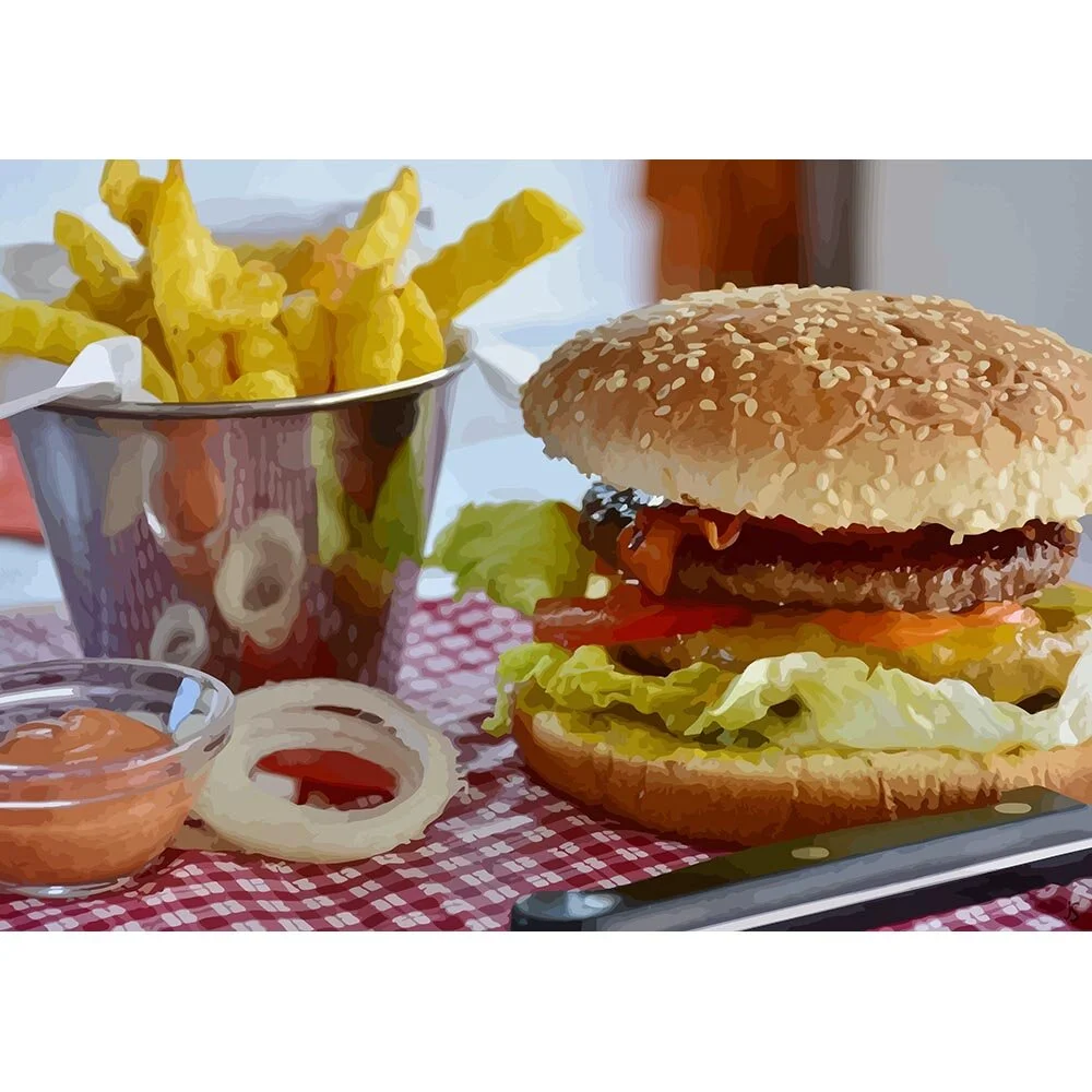 hamburger with french fries and sauce abstract figurative print