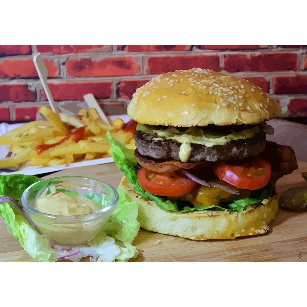 cheeseburger with french fries and sauce abstract figurative print