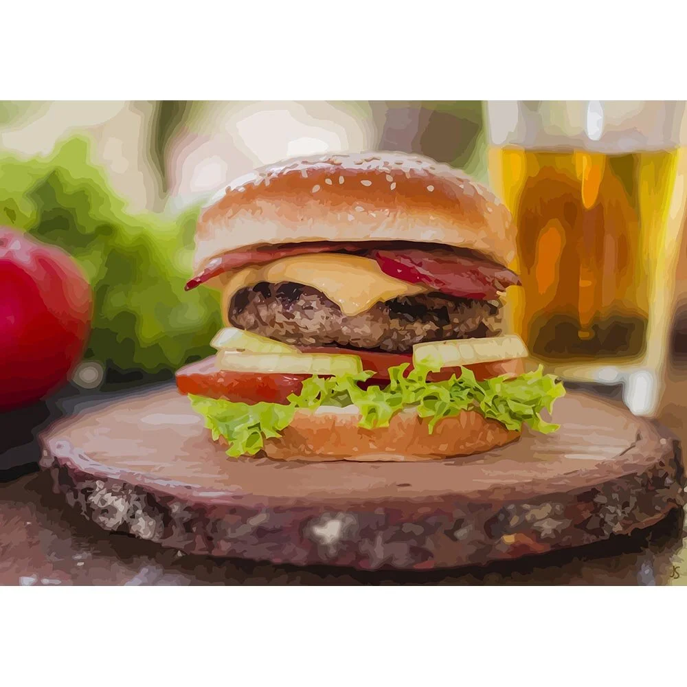 cheeseburger with bacon and beer abstract figurative print