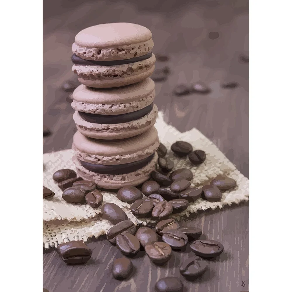 stack of macarons with coffee beans monochromatic abstract figurative print