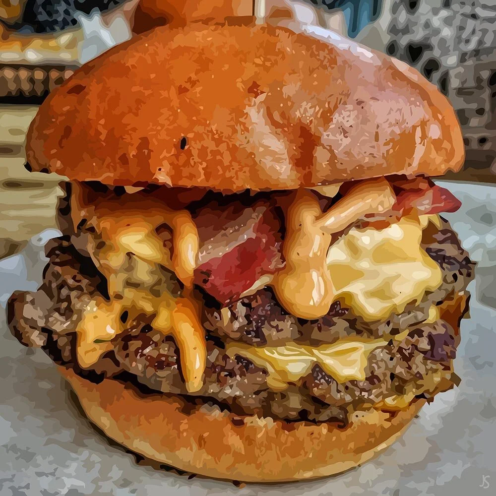 big double cheeseburger with bacon and hamburger sauce abstract figurative print
