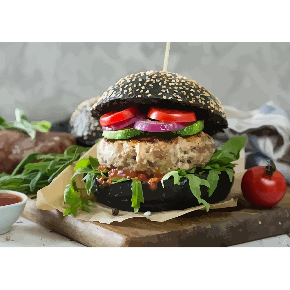 lamb burger with black bun abstract figurative print