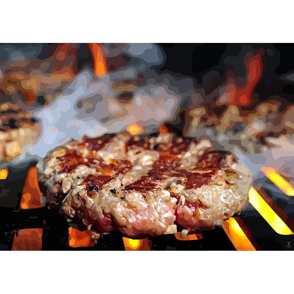 hamburger patty on charcoal grill abstract figurative print