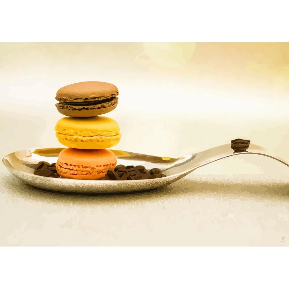 stack of macarons on a spoon with coffee beans abstract figurative print