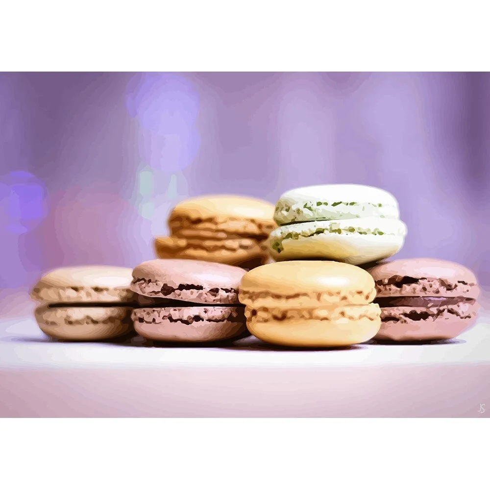 stack of macarons on purple background abstract figurative print